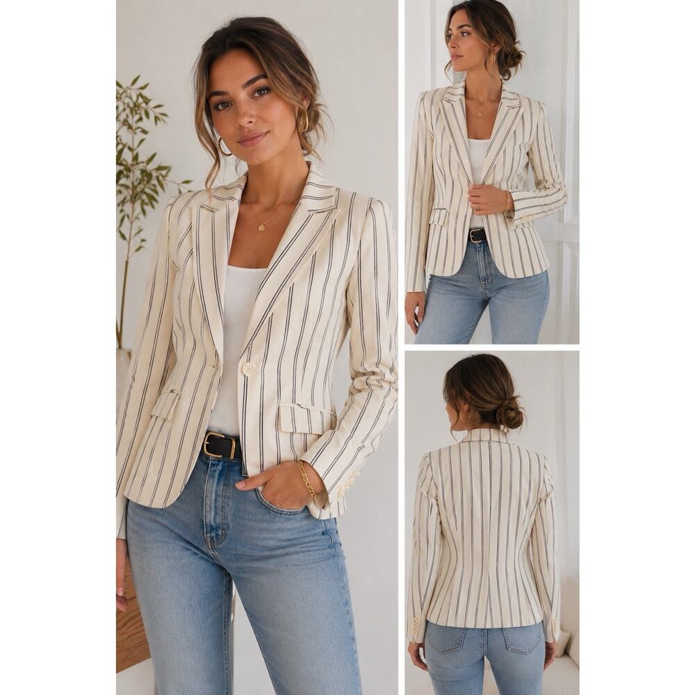 Zara Zara Basic Cream Striped Blazer Jacket Women’s Size 8 Tailored One Button